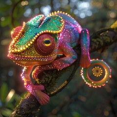 Fototapeta premium A vibrant, colorful chameleon perched on a branch in a lush, illuminated forest setting.