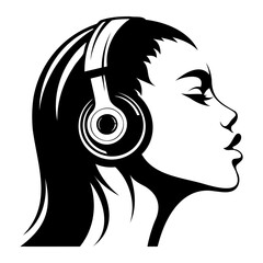 Head of a man wearing headphones Black silhouette vector illustration isolated on a transparent background