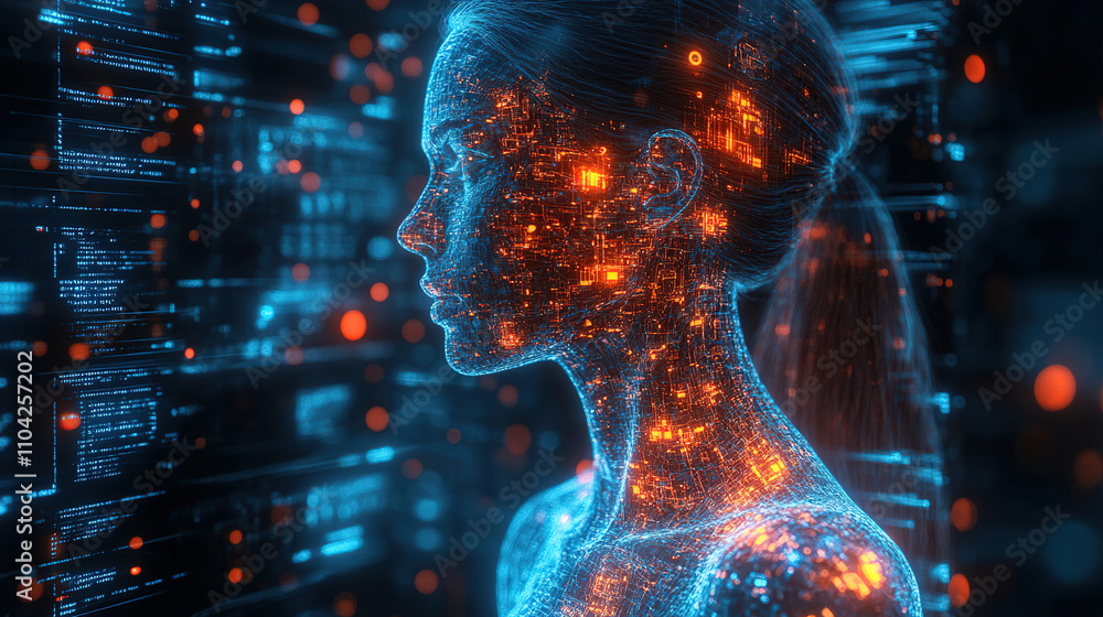 Aufkleber digital woman silhouette amidst glowing data streams representing technology and innovation in a fut