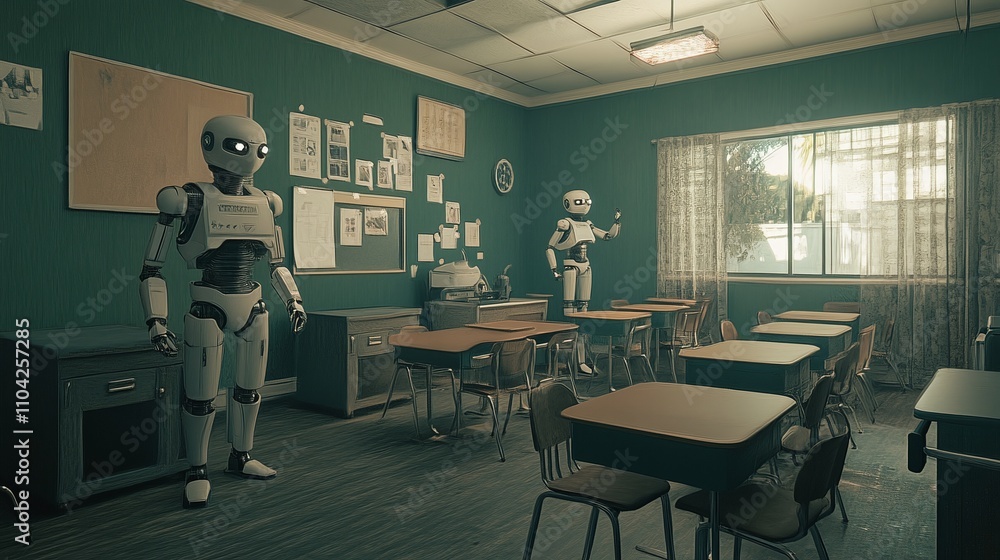 Poster a retro-futuristic classroom with floating desks and robot teachers.