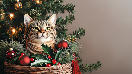Festive cat in christmas basket with ornaments and tree