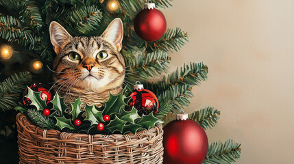 Tabby cat in holiday basket with christmas ornaments and fir tree