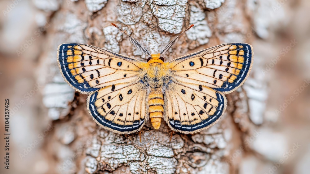 Poster a stunning close-up of a delicate butterfly resting on textured bark, showcasing intricate patterns 