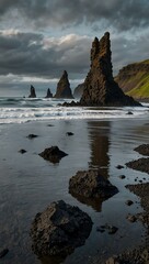 Basalt stacks at Reynisdrangar near Vik, Iceland.