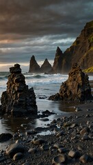 Basalt stacks at Reynisdrangar near Vik, Iceland.