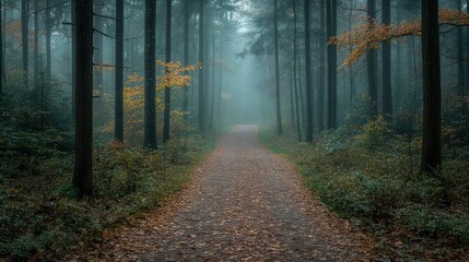 Obraz premium Misty autumn path through a dense forest.