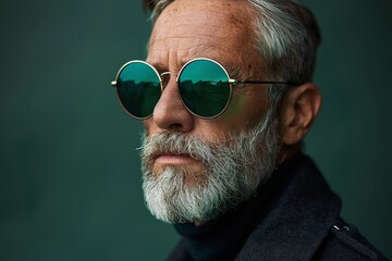 Fototapeta premium Stylish portrait, mature man wearing green round sunglasses, deep green background, confident and sophisticated look, classic menswear, modern vintage-inspired fashion accessory