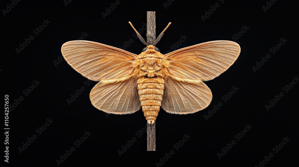 Poster a stunning close-up of a golden moth resting on a dark background, showcasing intricate patterns and
