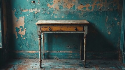 A rustic table stands against a peeling blue wall, evoking a sense of nostalgia.