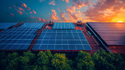 Expansive solar panels on industrial rooftop at sunset with vibrant sky