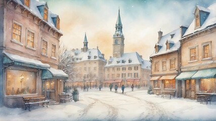 Obraz premium Watercolor snowy town square with a tower in the background. People are walking around and enjoying the winter scenery
