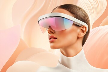 Fototapeta premium A woman wearing AR glasses views virtual clothing, trying it on her avatar