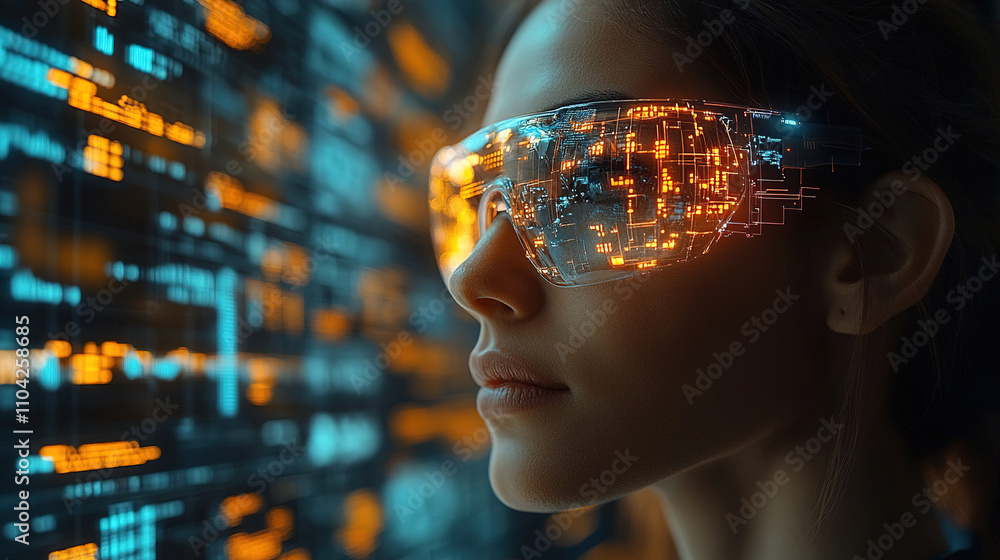 Aufkleber woman wearing futuristic glasses observing digital data in an advanced technology environment illumi