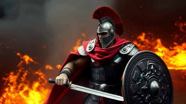 A fierce Roman warrior in full armor and a red cape, wielding a sword and shield, stands amidst fiery chaos, embodying strength, bravery, and ancient warfare.