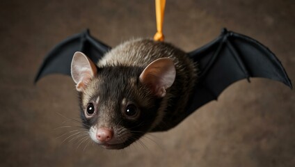 Bat ferret hanging upside down in a bat costume, Halloween theme.