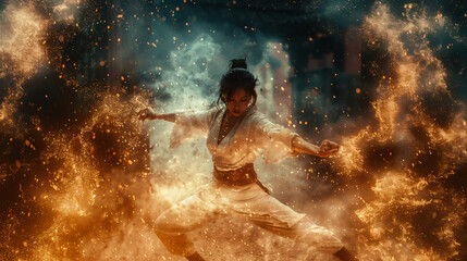Obraz premium japanese woman dancing in fire ritual