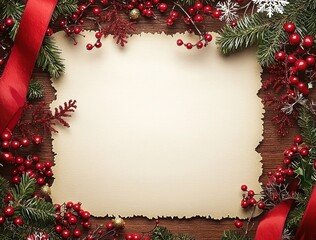 Christmas card with white paper and decorations on a wooden background, A4 sheet centered with garlands, red berries, snowflakes, and red ribbon border.
