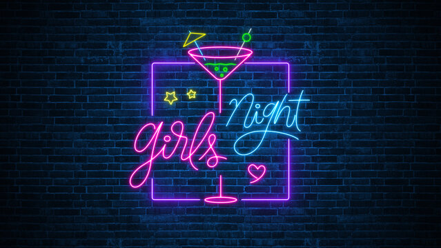 neon lights girls night party and cocktail signboard on brick wall background, glowing night club and bar ladies party social media design element
