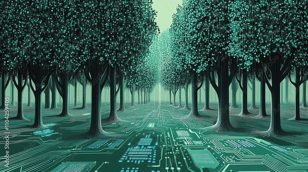 Poster a silicon forest where computer chips grow like leaves harvested by engineers who have merged with t