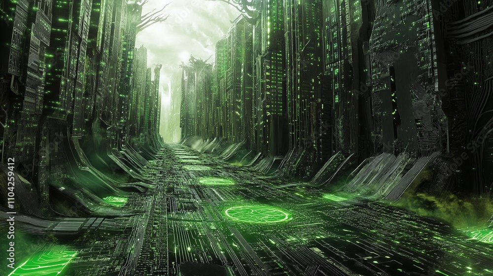 Poster a silicon forest where computer chips grow like leaves harvested by engineers who have merged with t