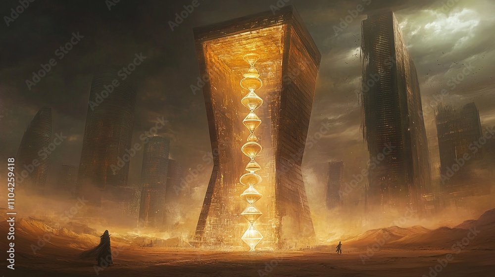 Poster a skyscraper built from stacked hourglasses where the falling sand forms new architectural structure