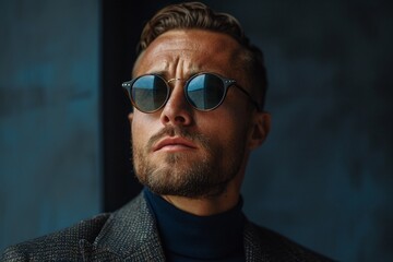 Obraz premium Close-up portrait, man wearing reflective round sunglasses, dark interior background, elegant blazer, turtleneck outfit, modern menswear, confident and polished look