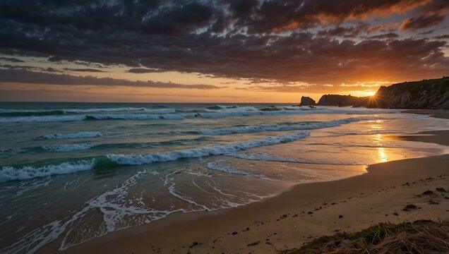 Beach at sunset in Noja, Cantabria, Spain.