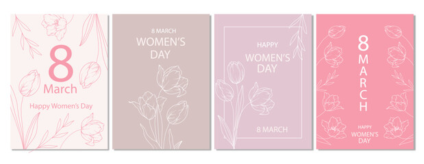 Women’s Day Poster. Set of Floral Posters for 9 March. Flower design Women’s Day Greeting Cards. Women Day background Templates with Floral Line Art.