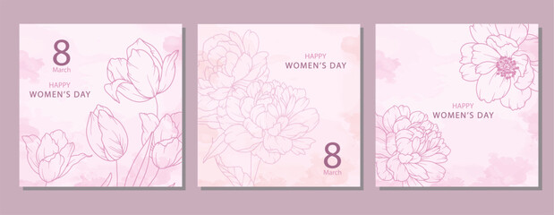Fototapeta premium Women’s Day Poster. Set of Floral Posters for 9 March. Flower design Women’s Day Greeting Cards. Women Day background Templates with Floral Line Art.