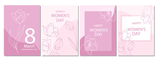 Women’s Day Poster. Set of Floral Posters for 9 March. Flower design Women’s Day Greeting Cards. Women Day background Templates with Floral Line Art.