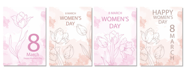 Women’s Day Poster. Set of Floral Posters for 9 March. Flower design Women’s Day Greeting Cards. Women Day background Templates with Floral Line Art.