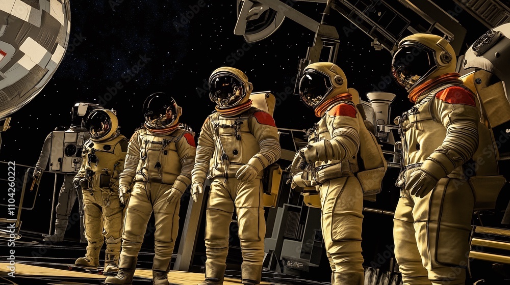 Poster a space exploration scene featuring astronauts in vintage-style spacesuits.