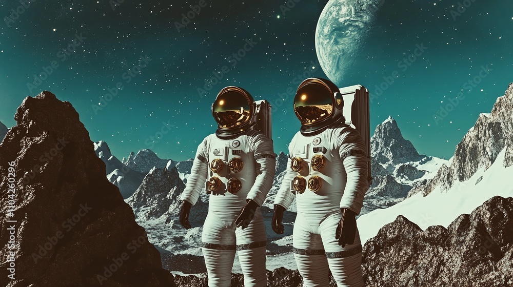 Poster a space exploration scene featuring astronauts in vintage-style spacesuits.