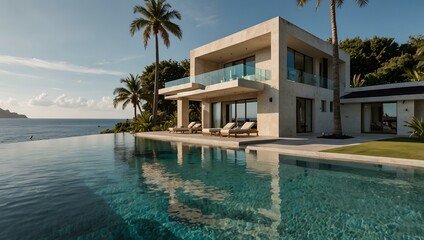 Beachfront villa with infinity pool and palm trees.