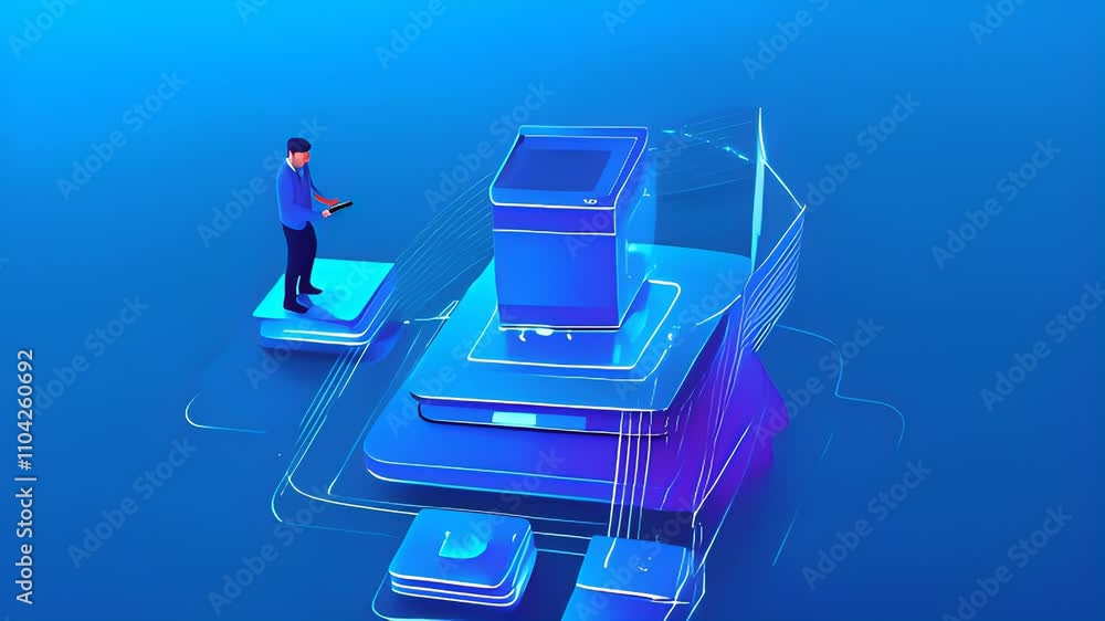 Poster conceptual of a man interacting with a futuristic virtual network in a stylized, digital environment