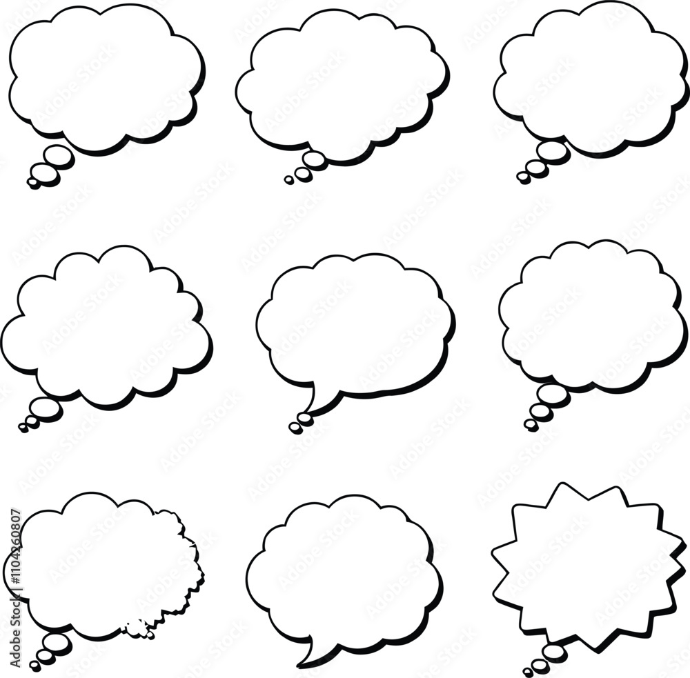 Poster blank empty speech and thought bubbles line art bundle vector illustration set