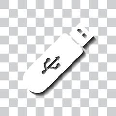 Usb flash drive simple icon vector. Flat design. White with shadow on transparent grid