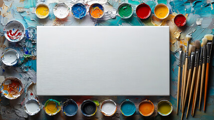 Colorful art setup with blank canvas and paintbrushes surrounded by vibrant acrylic paints