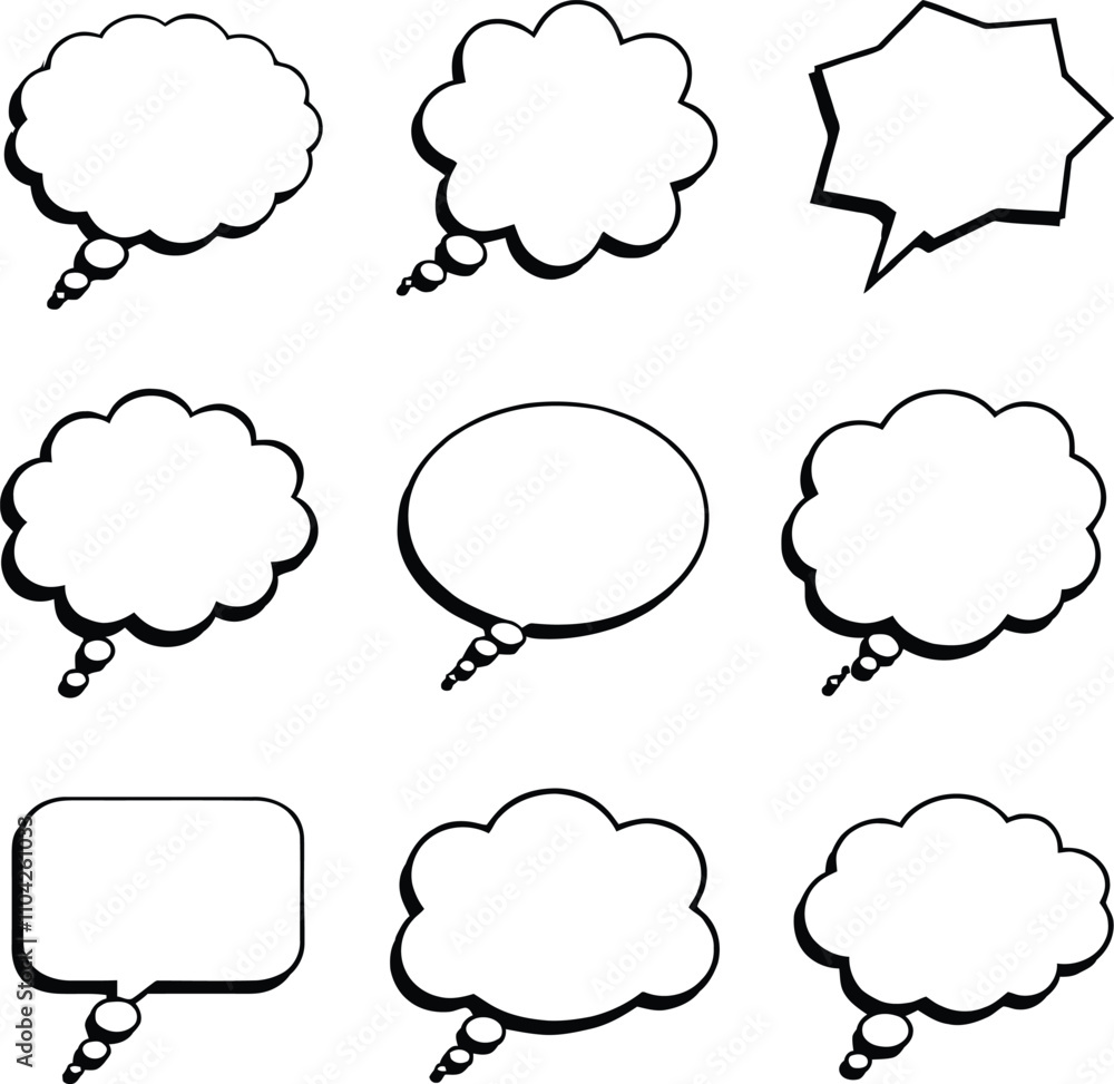 Poster blank empty speech and thought bubbles line art bundle vector illustration set