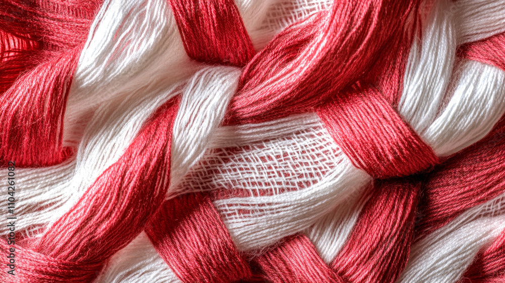 Poster close-up of red and white interwoven threads in intricate pattern