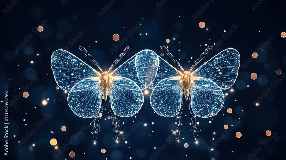 Poster a stunning digital artwork featuring two luminous butterflies, intricately designed with sparkling p