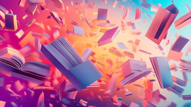 A book is flying through the air with pages scattered everywhere