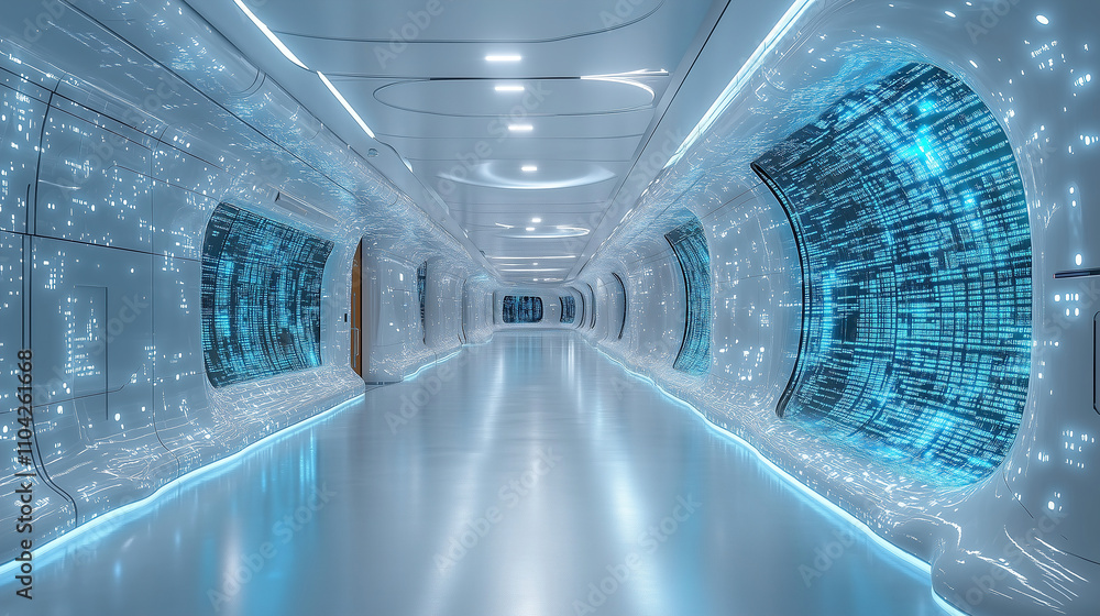Poster futuristic hallway with glowing blue data displays in a high-tech environment. generative ai