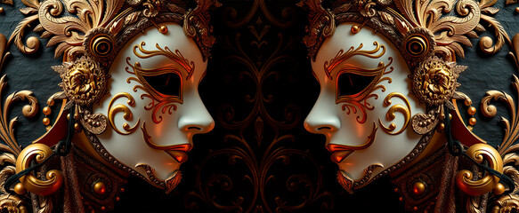 Masks facing each other with luxurious golden decorations.Dark background.