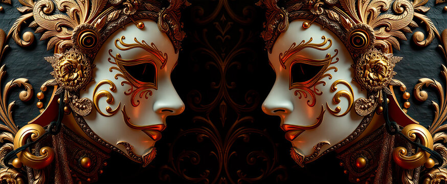 Masks facing each other with luxurious golden decorations.Dark background.