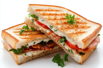 Delicious grilled sandwich with bacon, tomatoes, and herbs prepared for a tasty meal