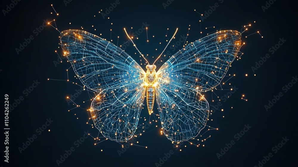 Poster a stunning digital representation of a butterfly, featuring intricate lines and glowing particles th