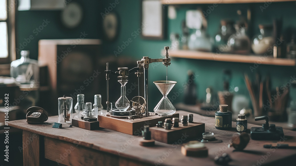 Aufkleber watchmaker's workshop where time is fitted for custom alterations with hourglasses containing differ