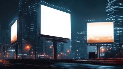 Billboards on a futuristic city scene at night. Concept art with a futuristic vision of advertising