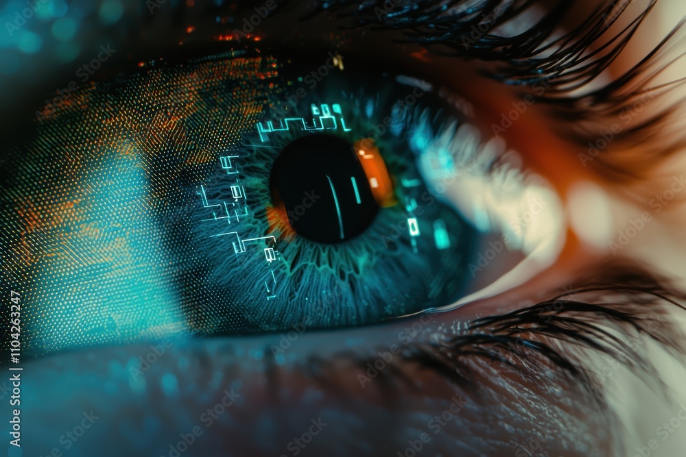 Poster biometric eye scan with holographic data overlays for digital security interface concepts